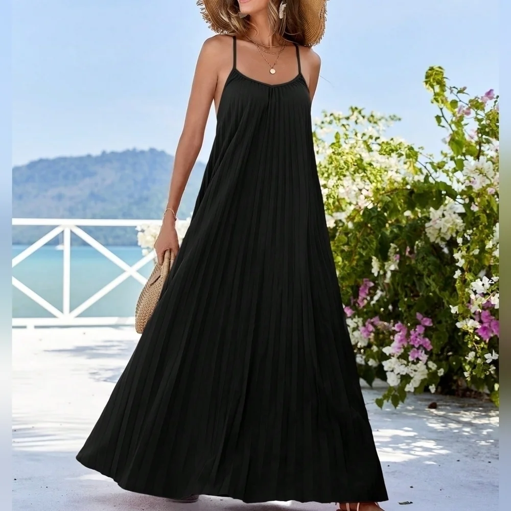 Women'S Monochrome Pleated Strap Dress Flowy Dress - Picture 2 of 5